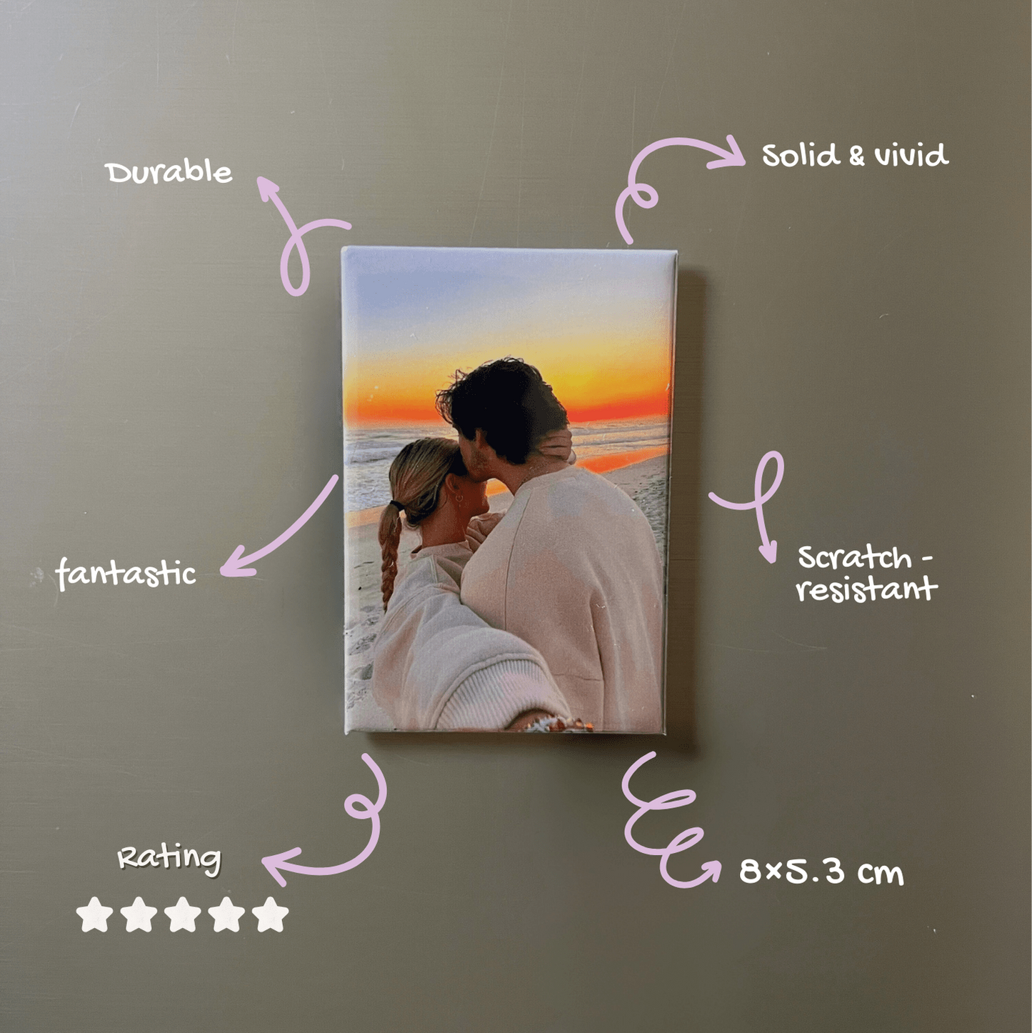 Photo magnet with a couple at sunset on a gray background with text describing features.